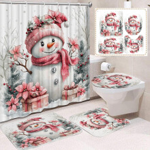 4-Pc Christmas Bathroom Set: Shower Curtain, Mat, Toilet Rug & Lid Cover – Santa Print, Waterproof, Non-Slip, Compatible with Standard Fixtures