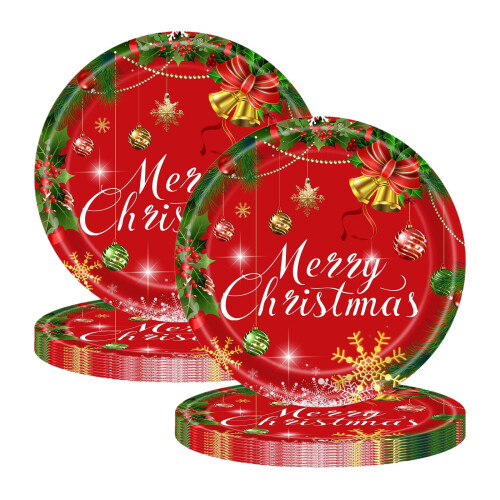Red Christmas Paper Plates 20 Pack, Disposable Party Tableware with Tree Bell Pattern for Holiday Dinner Decor(B-20PC)