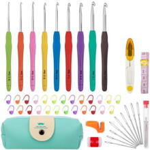 9-Size Crochet Hook Set, 49-Piece Yarn Kit for Beginners, Ergonomic Handles, Blue Case – Compatible with All Standard Yarns