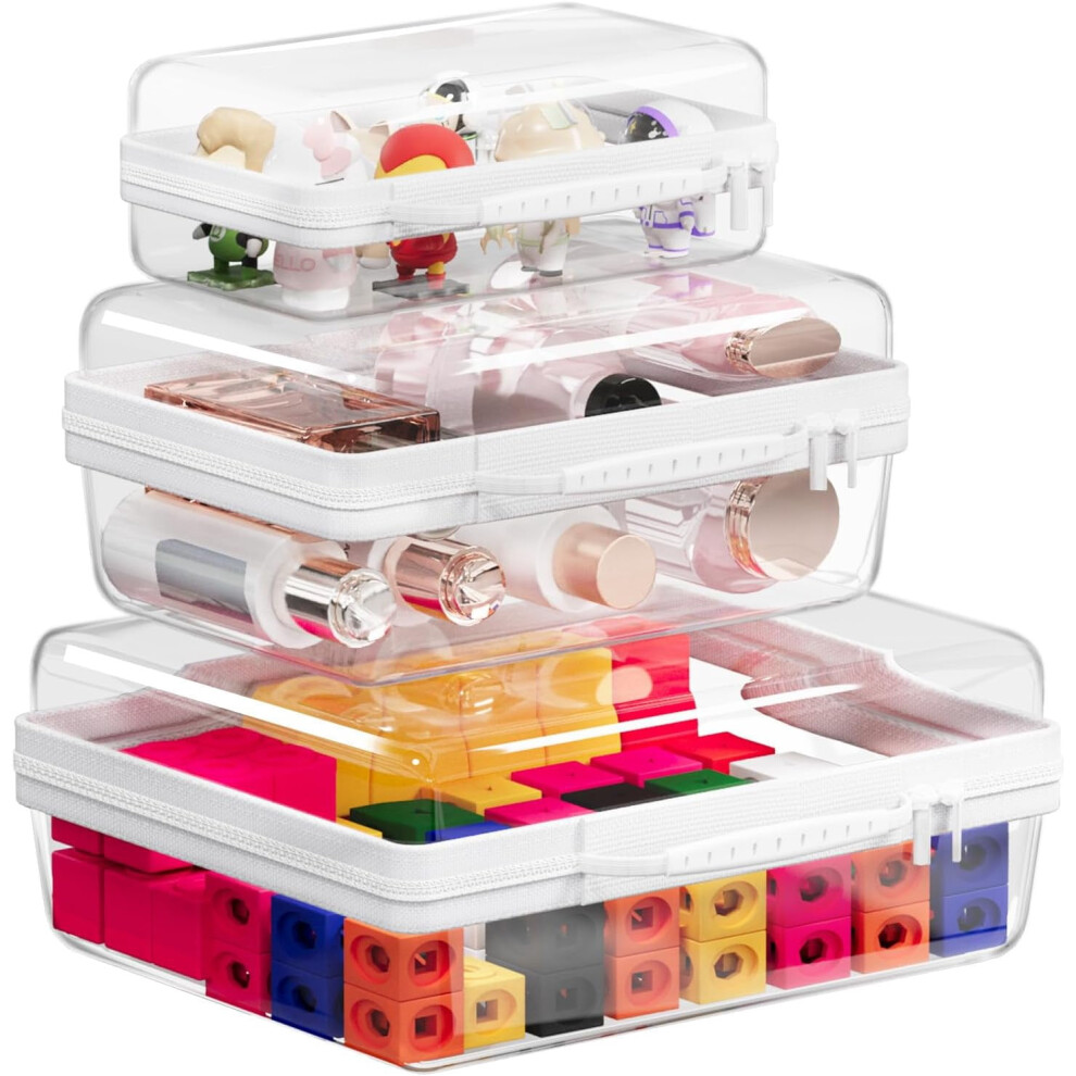 3-Pack Clear Hard Shell Zipper Cases for Makeup, Toiletries & Travel â Durable Plastic Storage Bins (White)