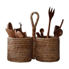 Retro Rattan Weave Utensils Holder Hand Woven Utensils Organizer for Spoon