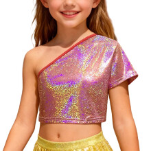 AWZXDE Girls Off Shoulder Cropped Tee Micro Print Casual Top For Dance And Party Wear Playful Cute Tops For Teens Fashion Style Hot Pink,110
