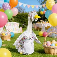 Osterdekoration für die Veranda: Gänseparty, niedliches Blumen- und Obstkleid mit Hut im Landhausstil für Terrasse, Garten und Rasen