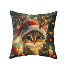 Housse de coussin de Noël avec chat mignon, 45 x 45 cm, en lin imprimé sapin de Noël, décoration de Noël pour canapé et salon, décoration