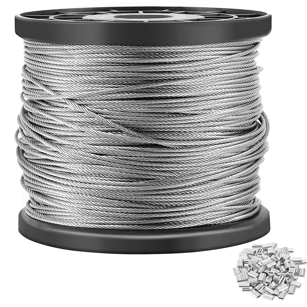 400Ft 1/16" 304 Ss Wire Rope, 7X7 Aircraft Grade, 368 Lbs Break Strength, W/100 Al Crimp Sleeves 9450273969800