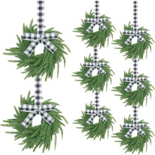 Conjunto de 8 Mini Coroas de Natal de Pinheiro Norfolk de 20 cm com Laços e Fitas – Toque Real, para Armários, Janelas e Portas – Decoração