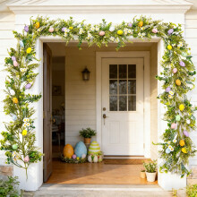 Couronne de Pâques en rotin coloré avec feuilles et nœuds en plastique | Décoration florale printanière pour intérieur et extérieur, idéale