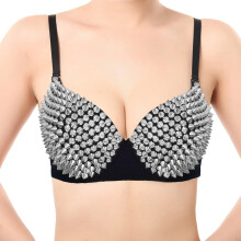 Reggiseno da donna Steampunk con borchie, rivetti e strass, ideale per feste, club, rave, sport, sexy, top metallizzati, push-up, per ballo punk,