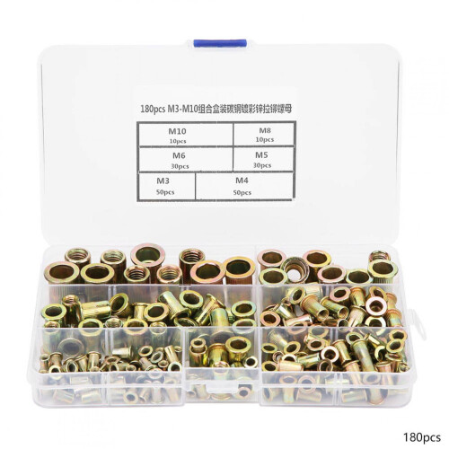 Professional Rivet Nut Kit, 180pcs M3,M10, Zinc Plated, Easy Install, Includes Organizer Case