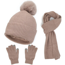 Women's Winter Hat Scarf Gloves Set, Knit Set with Pom Pom Beanie, Matching Cold Weather Accessories, Cozy Gift Set, Thick Knitwear Khaki