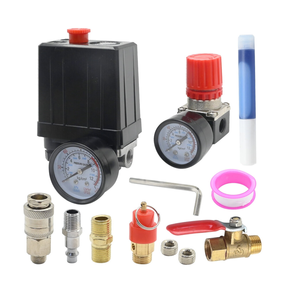 Air Compressor Pressure Switch Control With Valve Control Regulators Gauge, 4 Way Valve, 0-180Psi 9551475099316
