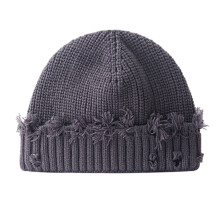 Trendige, zerrissene Strickmütze, weiche Unisex-Streetwear-Skull-Mütze, bequeme Wintermütze für Street Fashion