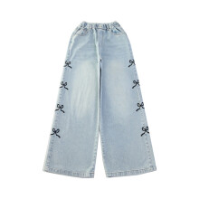 Toddler Girls Casual Jeans Summer Denim Pants Cute Bow Straight Leg Pant Kids Baggy Vintage Slim Jean With Pocket Stylish 7-8Y