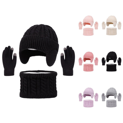 Set invernale per bambini composto da cappello, sciarpa e guanti in maglia, caldo e foderato.