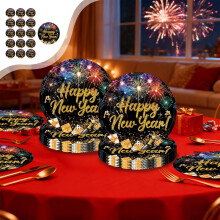 Assiettes de fête du Nouvel An Noir et Or 23 cm (9 pouces) - Lot de 16
