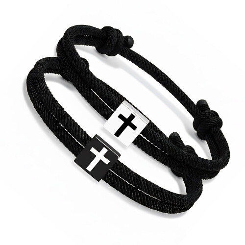 Pulseiras ajustáveis com cruz cristã, pacote com 2 unidades.