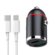 Carregador veicular mini USB QB-100W com duas portas e carregamento super rápido para celular.