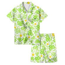 Kids Girls 2 Piece Outfits Clover Print Short Sleeve Shirts Shorts Girl Holiday Home Clothes Set Ages 3-13 Years Leisure Outfit