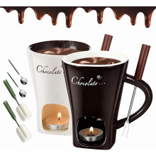 Mug à fondue au chocolat avec fourchette et bougies chauffe-plat – Tasse en céramique pour faire fondre chocolat, fromage, desserts – Cadeau