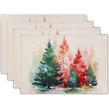 Christmas Tree Placemats Set of 4, 12x18 in, Washable Non-Slip Heat-Resistant Linen, Xmas Pine & Snowflake Design