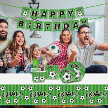 Kit de décoration d'anniversaire sur le thème du football : banderole, nappe, gobelets, assiettes, couverts, pailles, serviettes – Fournitures