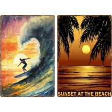 Lot de 2 plaques métalliques vintage sur le thème du surf, décoration murale classique pour bars et clubs.
