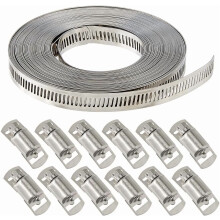 Stainless Steel Hose Clamps DIY Kit: 32.8ft Strapping + 12 Fasteners, Adjustable Worm Gear Clamps for Tube/Duct – Silver