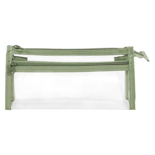 Double-Layer Transparent Pencil Case - Triangular Compartment Stationery Bag, Large Capacity, Green