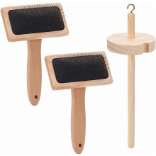 2Pcs Wool Brush with Wood Spindle Wheel Wool Carders Slicker Brush Needle Felting Brush with Solid Wood Handle