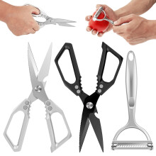 Stainless Steel Kitchen Scissors & Vegetable Peeler Set – Serrated, Heavy-Duty, Dishwasher Safe, Compatible with Chicken/Turkey Bones