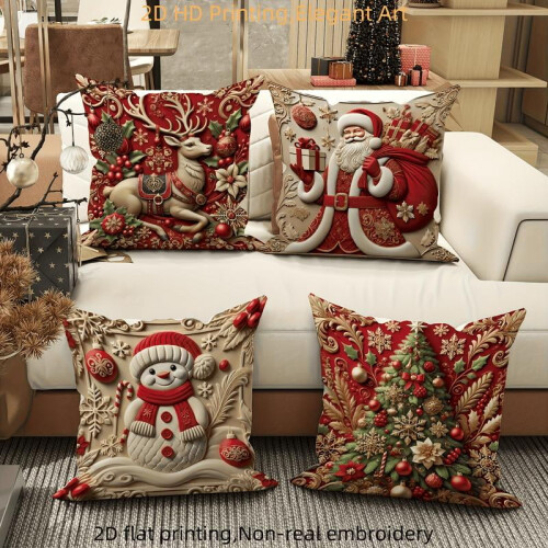 Christmas Pillow Covers Red Gold Polyester 4pcs