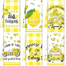 Lemon themed kitchen towels, 6 piece set farmhouse dishcloths, cute christmas hand towels for drying dishes, housewarming gifts for women, yellow