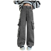 AWZXDE Girls Cargo Jeans Wide Leg Pants for Big Kids Loose Comfortable Pure Color Long Trousers for Casual and Street Style Grey,4-5 Years