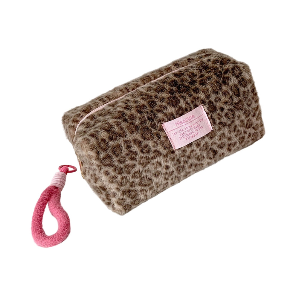 Winter Fashion Leopards Design Plush Travel Cosmetic Organizers Waterproof Portable Handbag For Daily Essential Storage