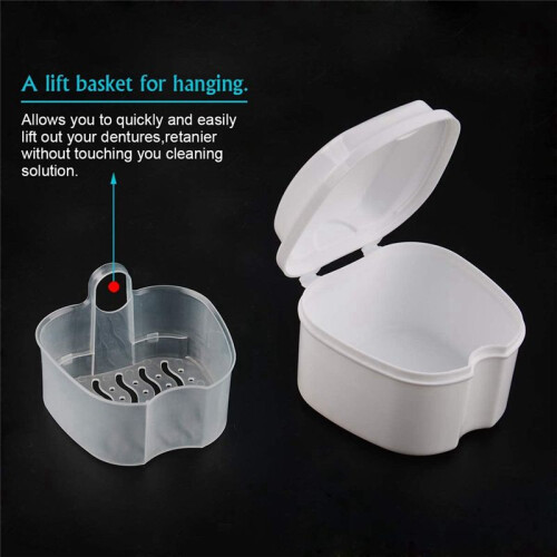 2X White Denture Case, Denture Cup with Strainer, Denture Bath Box False Teeth Storage Box with Basket Net Holder 2