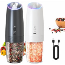 Rechargeable Gravity Electric Salt & Pepper Grinder Set with LED Light, Adjustable Coarseness, Compatible with Home/Kitchen/BBQ – Black & White