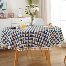 Nordic Round Tablecloth, Polyester-Cotton, Wrinkle-Proof, Tassel Trim, 150cm Dia – Compatible with Dining Tables