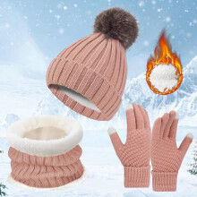 Women's Pom Pom Beanie Set (Fleece-Lined) + Knit Scarf & Gloves, 3-Piece Pink Winter Ski Accessories Gift Set