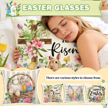 Fundas de almohada grises de Pascua de 45 x 45 cm, juego de 4, "Ha resucitado" + huevos con conejito y flores, decoración primaveral de estilo