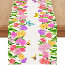 Chemin de table printanier en lin aquarelle tulipe papillon abeille 183 cm de long, décoration florale pour le printemps, l'été et Pâques, pour