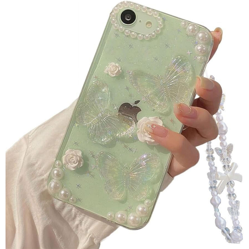 Pearl Charm 3D Butterfly Flower Glitter Case For Iphone Se (2022/2020), 7, 8 Â Crystal Clear Aesthetic Floral Case White 9402001212306