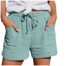Shorts femininos leves, casuais, com cordão, confortáveis, cintura elástica, em algodão e linho, para o verão, com bolsos, na cor verde, tamanho