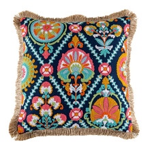 Housse de coussin lombaire capitonnée style bohème vintage, brodée d'alpaga, à motifs floraux géométriques géométriques et pompons.