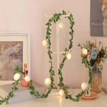 Ljusslinga med rosblommor, 1,8 m, 10 LED-lampor, batteridriven, varmvit, inomhus-/bröllops-/mors dag-dekor, plastgrön – kompatibel med AA