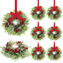 Conjunto de 6 mini guirlandas de Natal de 23 cm para armários, janelas e mesas – com frutinhas vermelhas e pinhas, com fita, decoração natalina