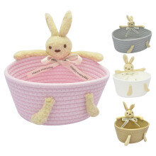 Panier de rangement tressé en corde de coton rose avec décor lapin, petit panier décoratif pour maquillage, jouets d'enfants, petits objets et