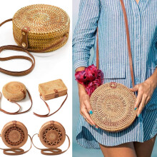 Handgeflochtene Rattan-Schultertasche mit Lederriemen, handgefertigte Damen-Weidenhandtasche, braune Stroh-Boho-Korbhandtasche (7,9 x 7,9 x 3,1 Zoll)