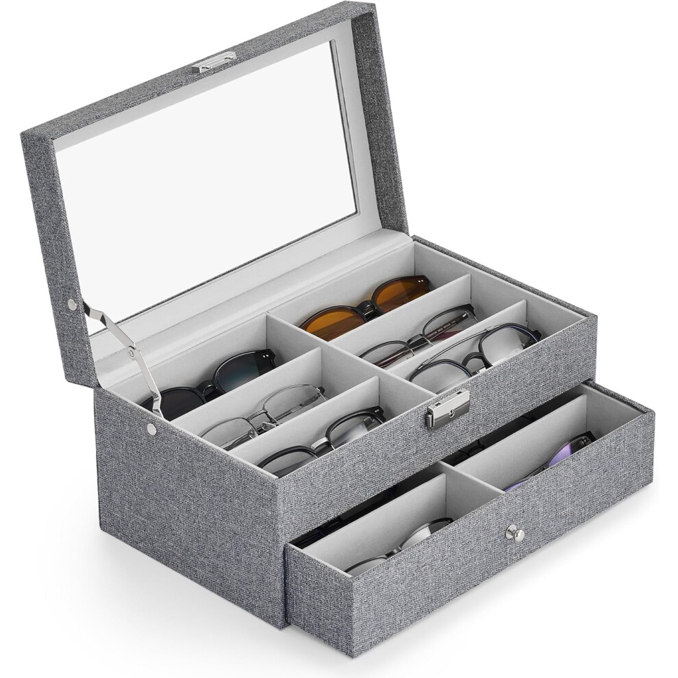 Grey 12-Slot Sunglasses Organizer Box, 2-Tier Lockable Display Case With Drawer, Â Compatible With All Glasses