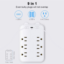 9-In-1 Surge Protector 6-Outlet Extender with 3 USB Power Strip Plug Outlets Wall Adapter Spaced US Plug