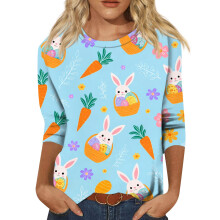 Hauts à manches 3/4 pour femmes, tailles S à 3XL, motif lapin de Pâques, col rond, style vacances d'été